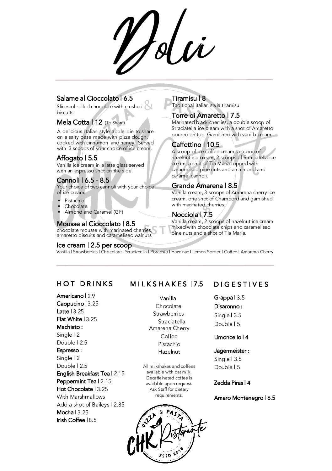 Our Menus - CHK Ristorante